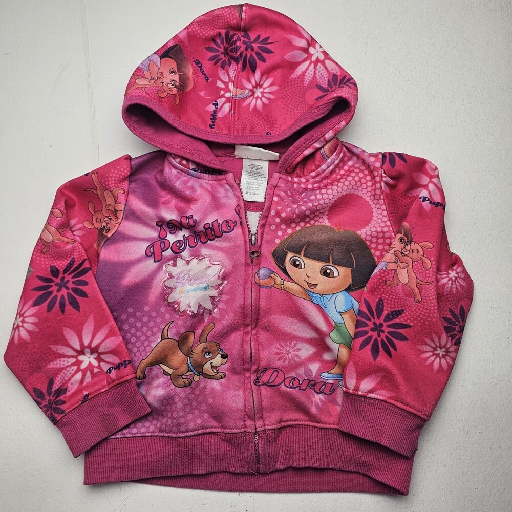 Nickelodeon Dora the Explorer Pink Zip Up Hoodie Perrito Puppy all over print 3T